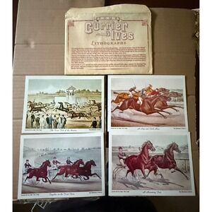 Currier & Ives Day At The Races Lithograph Set 4 Horse Racing Prints 5x7 Vintage